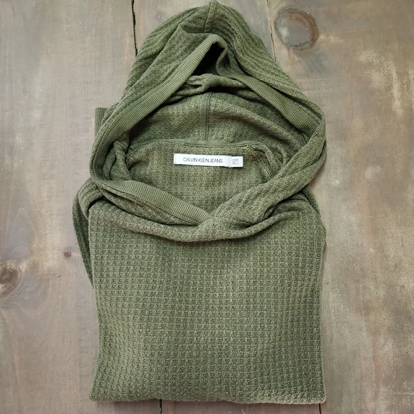 Calvin Klein Jeans Green Waffle Print Long Sleeve Hooded Shirt - Size Small (S) - Picture 2 of 8